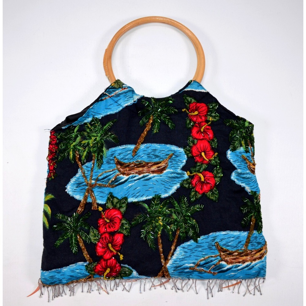 Hawaiian Purse Double Bamboo Handles Hibiscus‎ Floral Catamaran Beaded Fringe